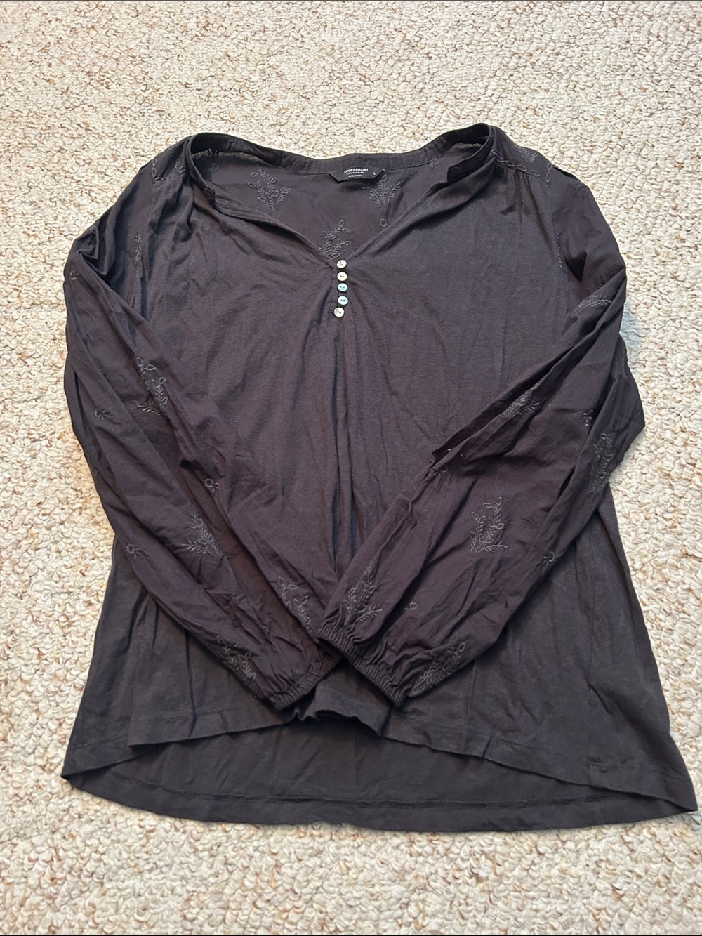 Lucky Brand Dark Grey Long-Sleeve Button Henley with Embroidery